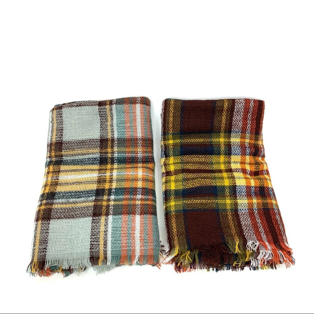 Set Of Two Fall Plaid Soft Woven Wide Knit Raw Fringe Hem Blanket Scarves